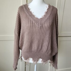Pink Lily Distressed Frayed Sweater Taupe Long Sleeves Cute Soft Cozy Medium